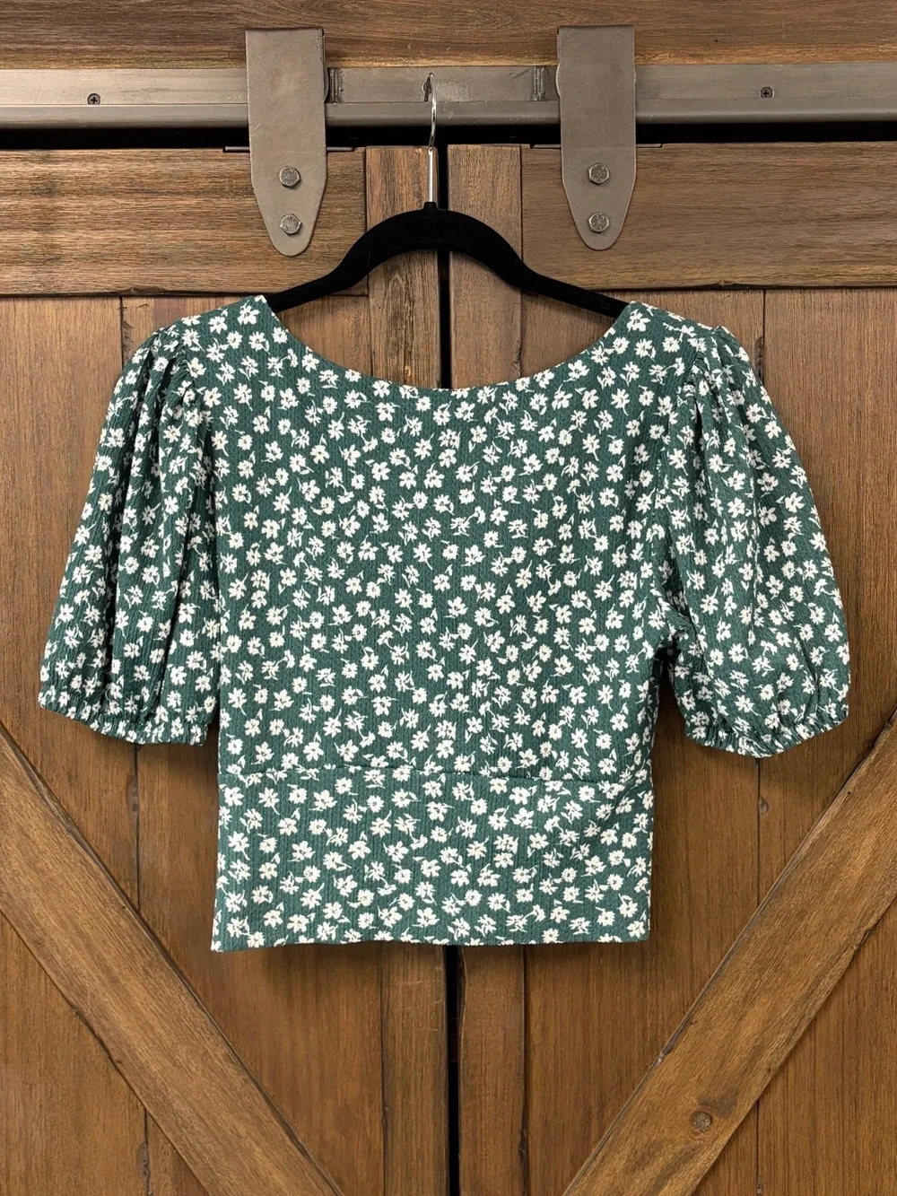 Free‎ People Cottagecore Boho Daisy Chain Puff Sleeve Crop Top Green/Teal Size M